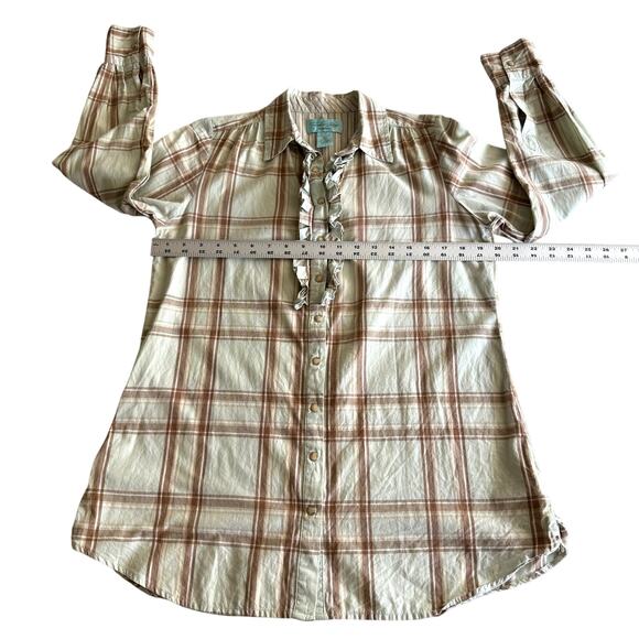 Tasha Polizzi 100% Cotton Plaid Ruffle Western Pearl Snap Lt‎ Aqua Tunic Shirt M - Picture 5 of 8